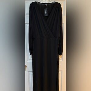 Black Long Sleeve V-Neck Dress tassel tie on side Maxi NWT!Very Lagenlook